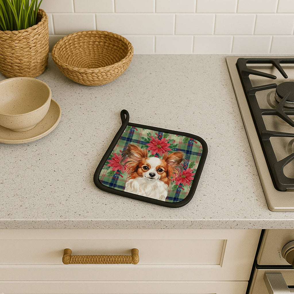 White with Red Papillon Christmas PoinsettIas Pot Holder Set of 2 Heat Resistant Quilted Hot Pads 7.5 x 7.5 Inch, Insulated Kitchen Trivets for Cooking & Baking