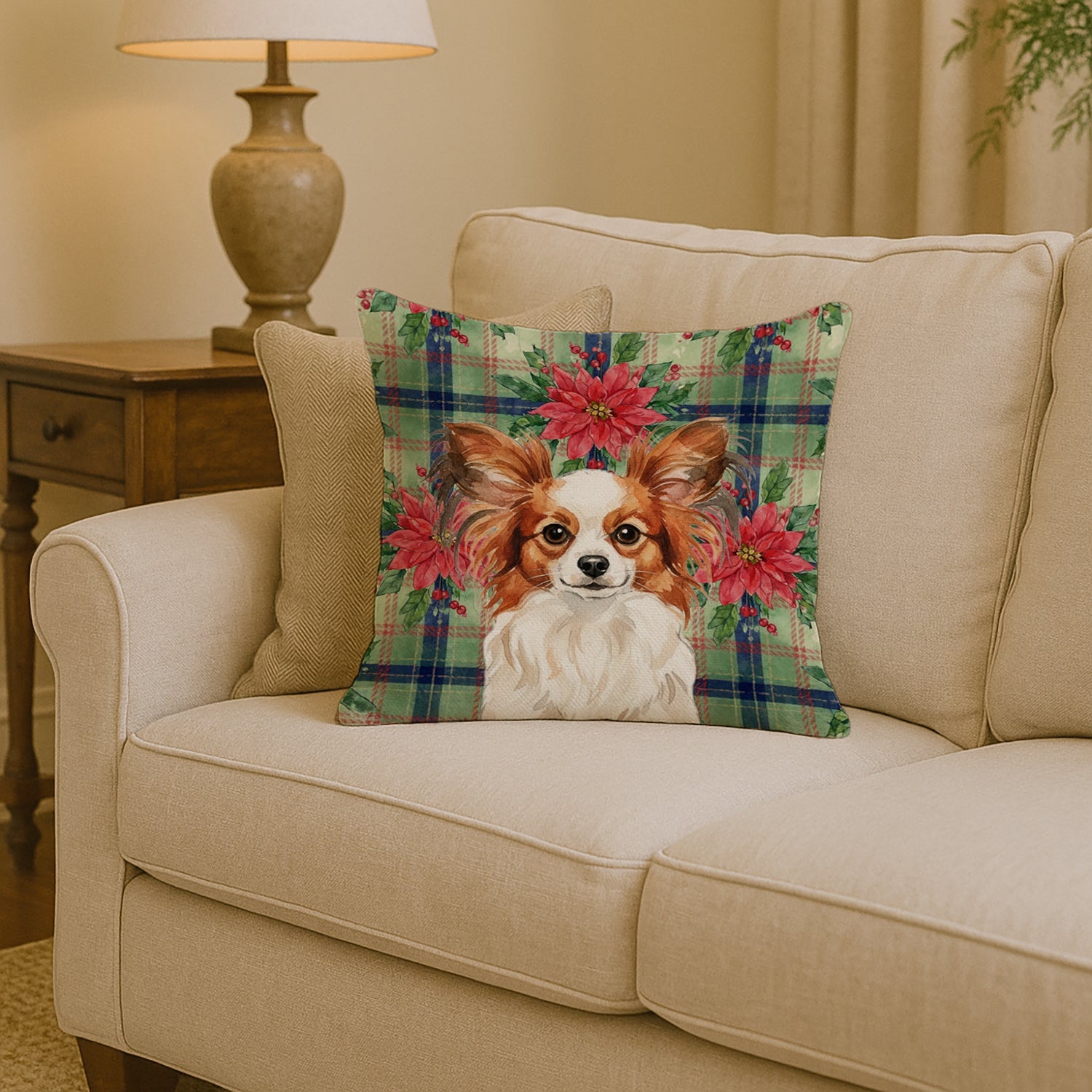 White with Red Papillon Christmas PoinsettIas Decorative Throw Pillow 14x14 Indoor Outdoor Accent Cushion, Fabric Cover with Insert for Sofa, Bed, Porch & Living Room
