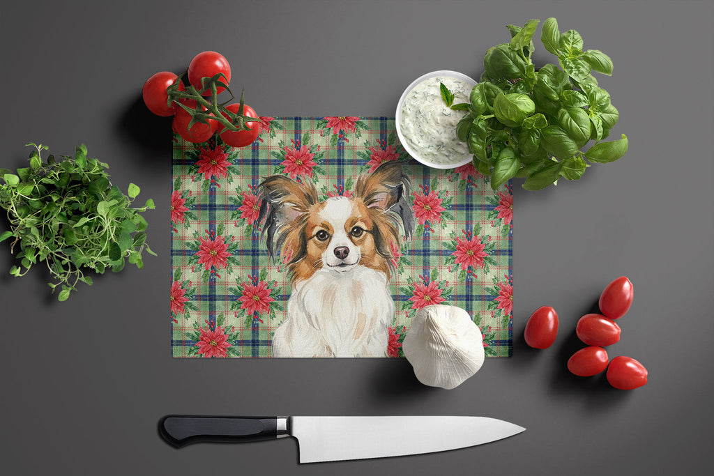 White with Sable Papillon Christmas PoinsettIas Cutting Board Tempered Glass Kitchen Cutting Surface, Heat Resistant Chopping, Non-Slip Feet, Food Prep & Serving