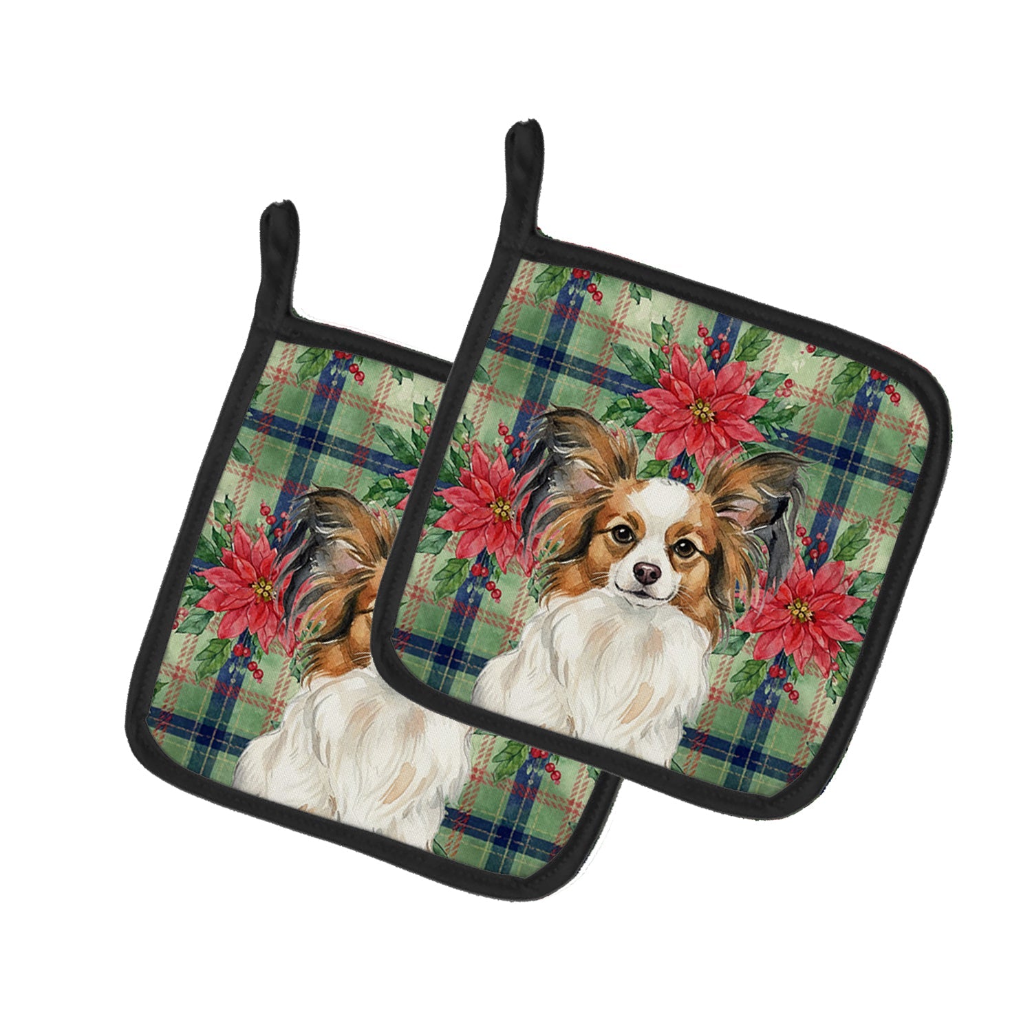 White with Sable Papillon Christmas PoinsettIas Pot Holder Set of 2 Heat Resistant Quilted Hot Pads 7.5 x 7.5 Inch, Insulated Kitchen Trivets for Cooking & Baking