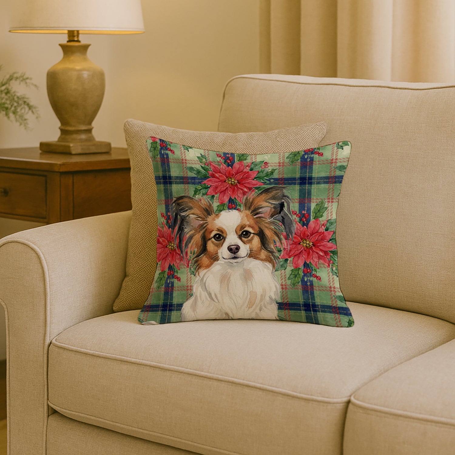 White with Sable Papillon Christmas PoinsettIas Decorative Throw Pillow 18x18 Indoor Outdoor Accent Cushion, Fabric Cover with Insert for Sofa, Bed, Porch & Living Room