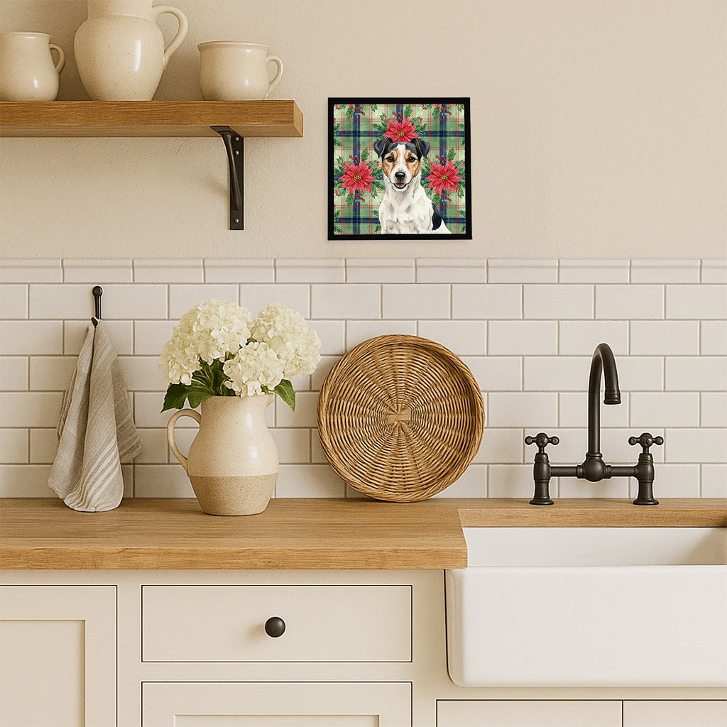 Parson Russell Terrier Christmas PoinsettIas Framed Metal Print Bathroom, Kitchen, Office, Home Decor Wall Art Ready to Hang, Square, 8X8