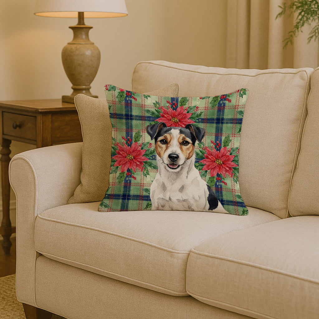 Parson Russell Terrier Christmas PoinsettIas Decorative Throw Pillow 14x14 Indoor Outdoor Accent Cushion, Fabric Cover with Insert for Sofa, Bed, Porch & Living Room
