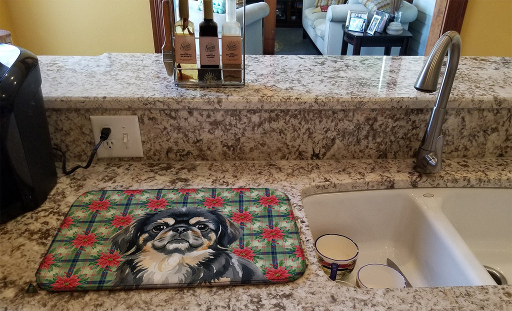 Black and Tan Pekingese Christmas PoinsettIas Dish Drying Mat Absorbent Dish Drying Mat Pad for Kitchen Counter Dish Drainer Mat for Countertop, 14 x 21", Multicolor