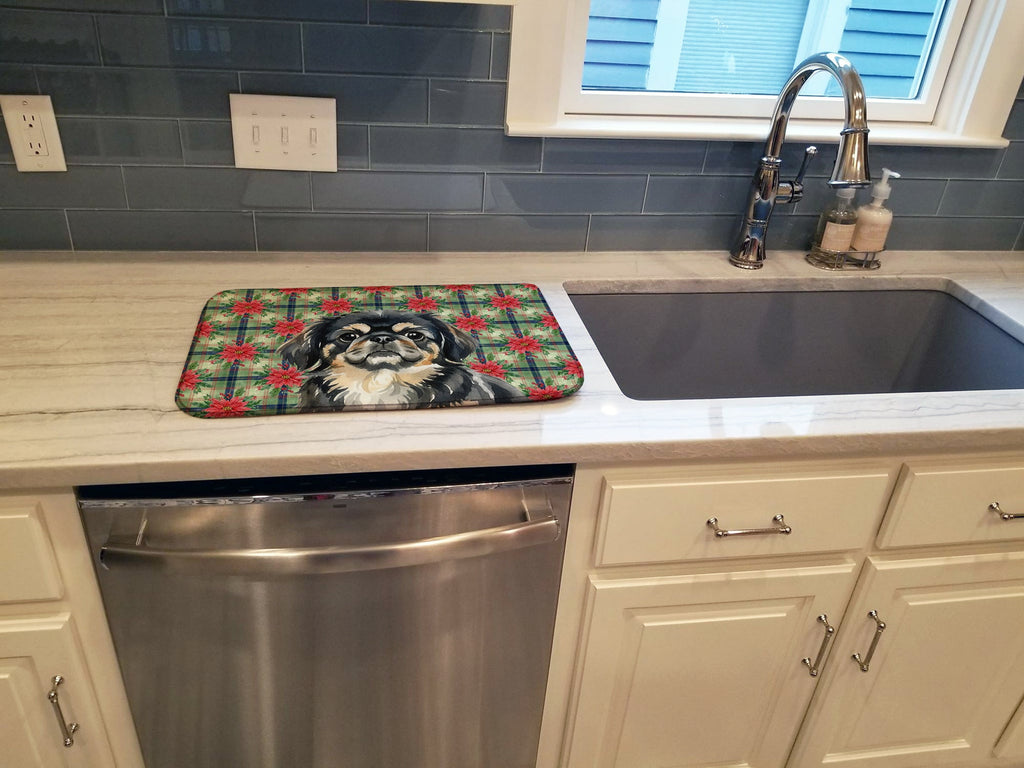 Black and Tan Pekingese Christmas PoinsettIas Dish Drying Mat Absorbent Dish Drying Mat Pad for Kitchen Counter Dish Drainer Mat for Countertop, 14 x 21", Multicolor