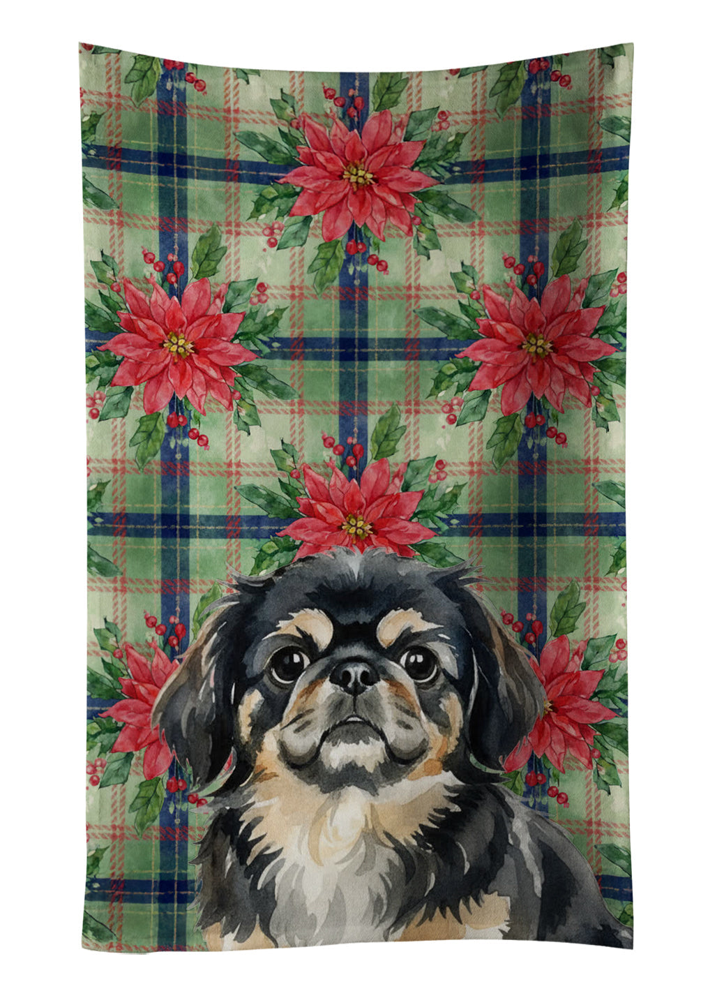 Black and Tan Pekingese Christmas PoinsettIas Kitchen Towel Velour Plush Front and Cotton Loop Back Machine Washable