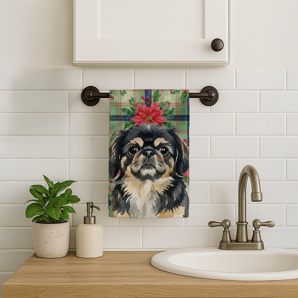 Black and Tan Pekingese Christmas PoinsettIas Kitchen Towel Velour Plush Front and Cotton Loop Back Machine Washable