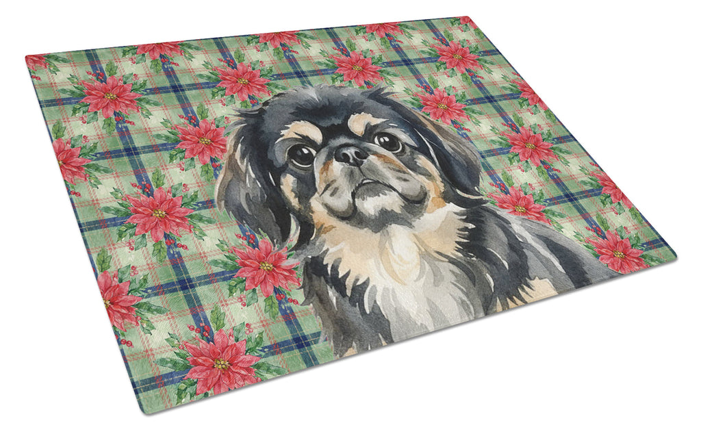 Black and Tan Pekingese Christmas PoinsettIas Cutting Board Tempered Glass Kitchen Cutting Surface, Heat Resistant Chopping, Non-Slip Feet, Food Prep & Serving