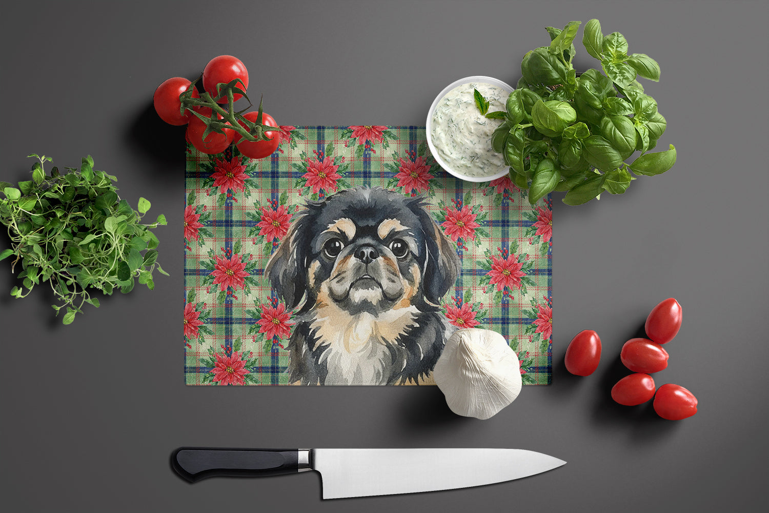 Black and Tan Pekingese Christmas PoinsettIas Cutting Board Tempered Glass Kitchen Cutting Surface, Heat Resistant Chopping, Non-Slip Feet, Food Prep & Serving