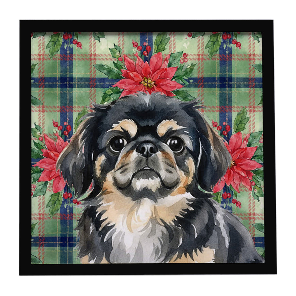 Black and Tan Pekingese Christmas PoinsettIas Framed Metal Print Bathroom, Kitchen, Office, Home Decor Wall Art Ready to Hang, Square, 8X8