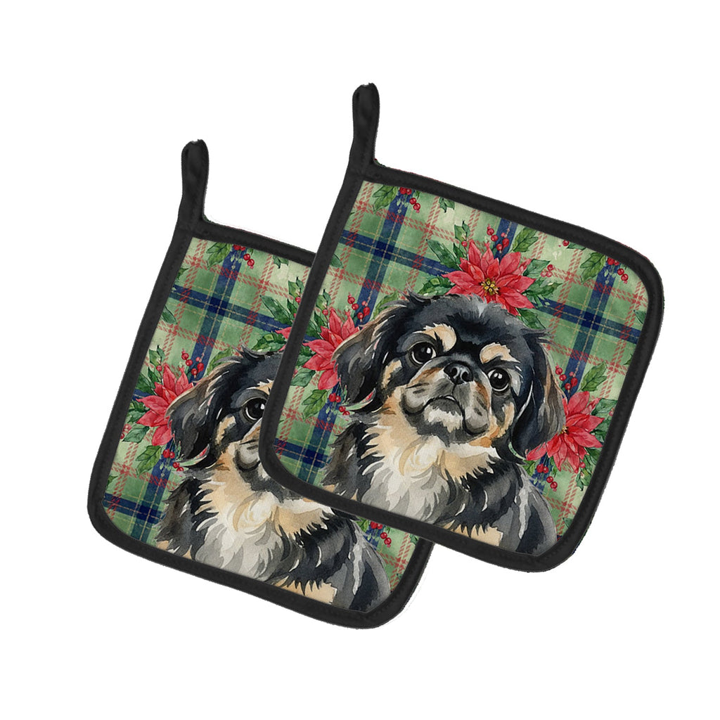 Black and Tan Pekingese Christmas PoinsettIas Pot Holder Set of 2 Heat Resistant Quilted Hot Pads 7.5 x 7.5 Inch, Insulated Kitchen Trivets for Cooking & Baking