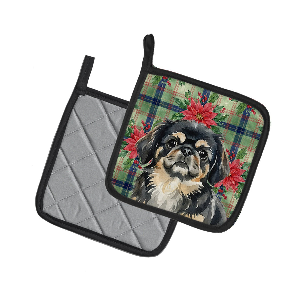 Black and Tan Pekingese Christmas PoinsettIas Pot Holder Set of 2 Heat Resistant Quilted Hot Pads 7.5 x 7.5 Inch, Insulated Kitchen Trivets for Cooking & Baking