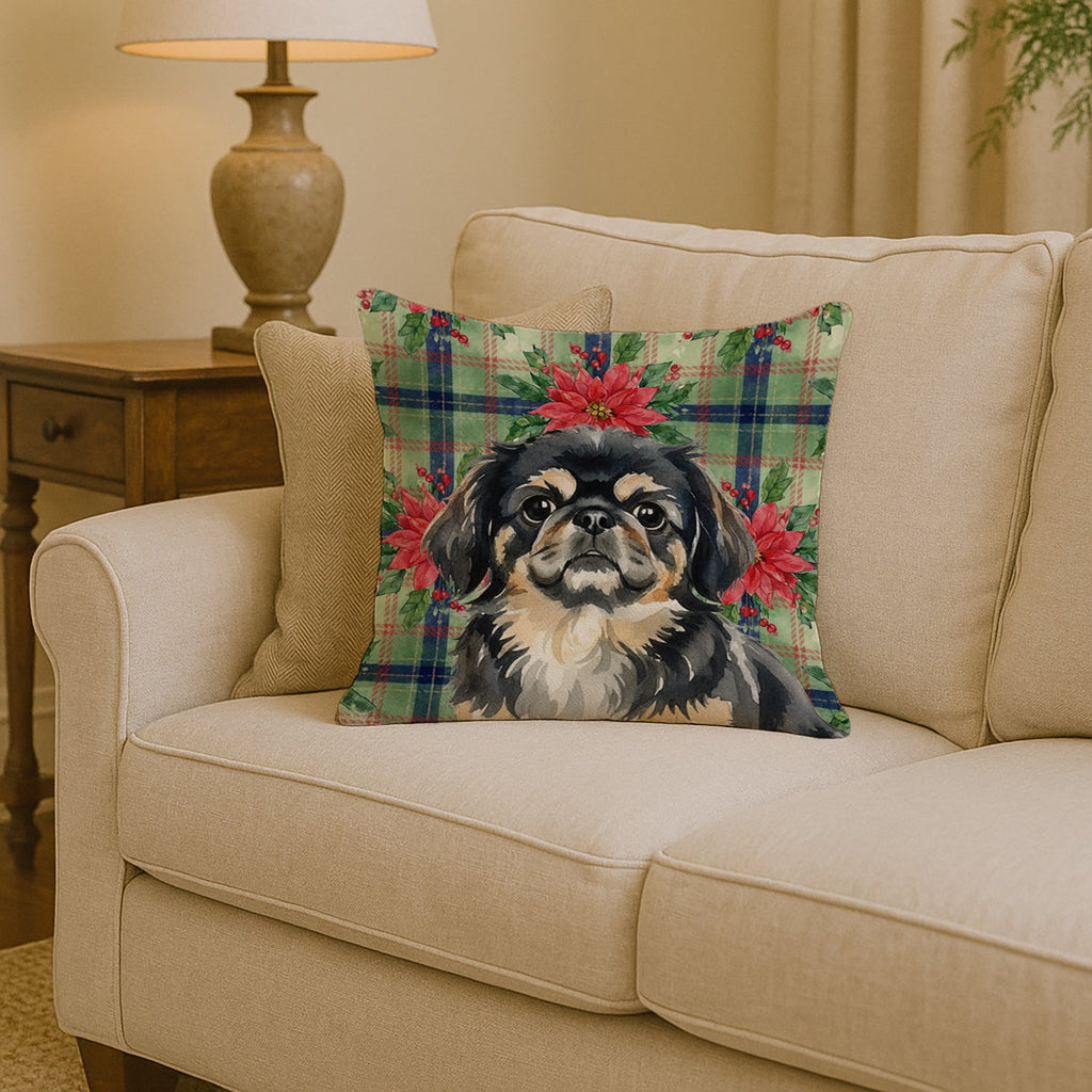 Black and Tan Pekingese Christmas PoinsettIas Decorative Throw Pillow 14x14 Indoor Outdoor Accent Cushion, Fabric Cover with Insert for Sofa, Bed, Porch & Living Room