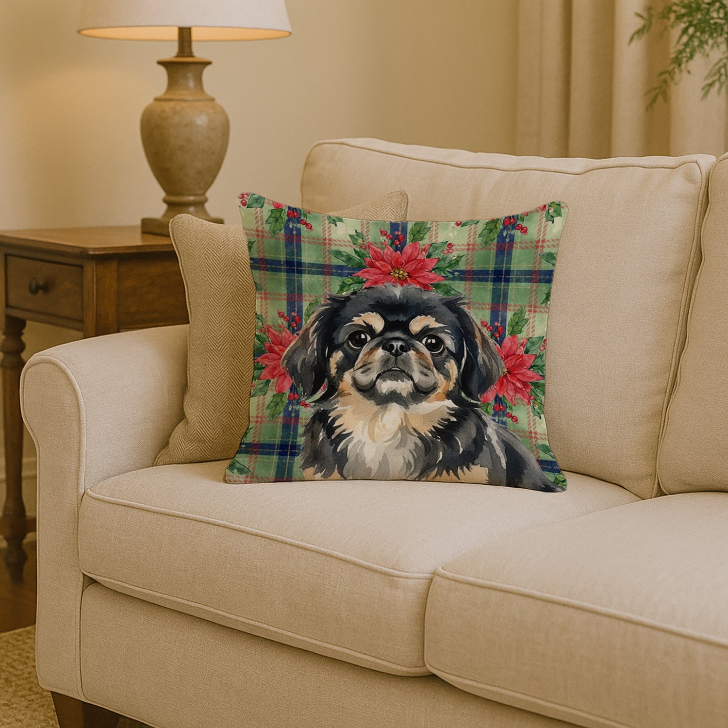 Black and Tan Pekingese Christmas PoinsettIas Decorative Throw Pillow 14x14 Indoor Outdoor Accent Cushion, Fabric Cover with Insert for Sofa, Bed, Porch & Living Room