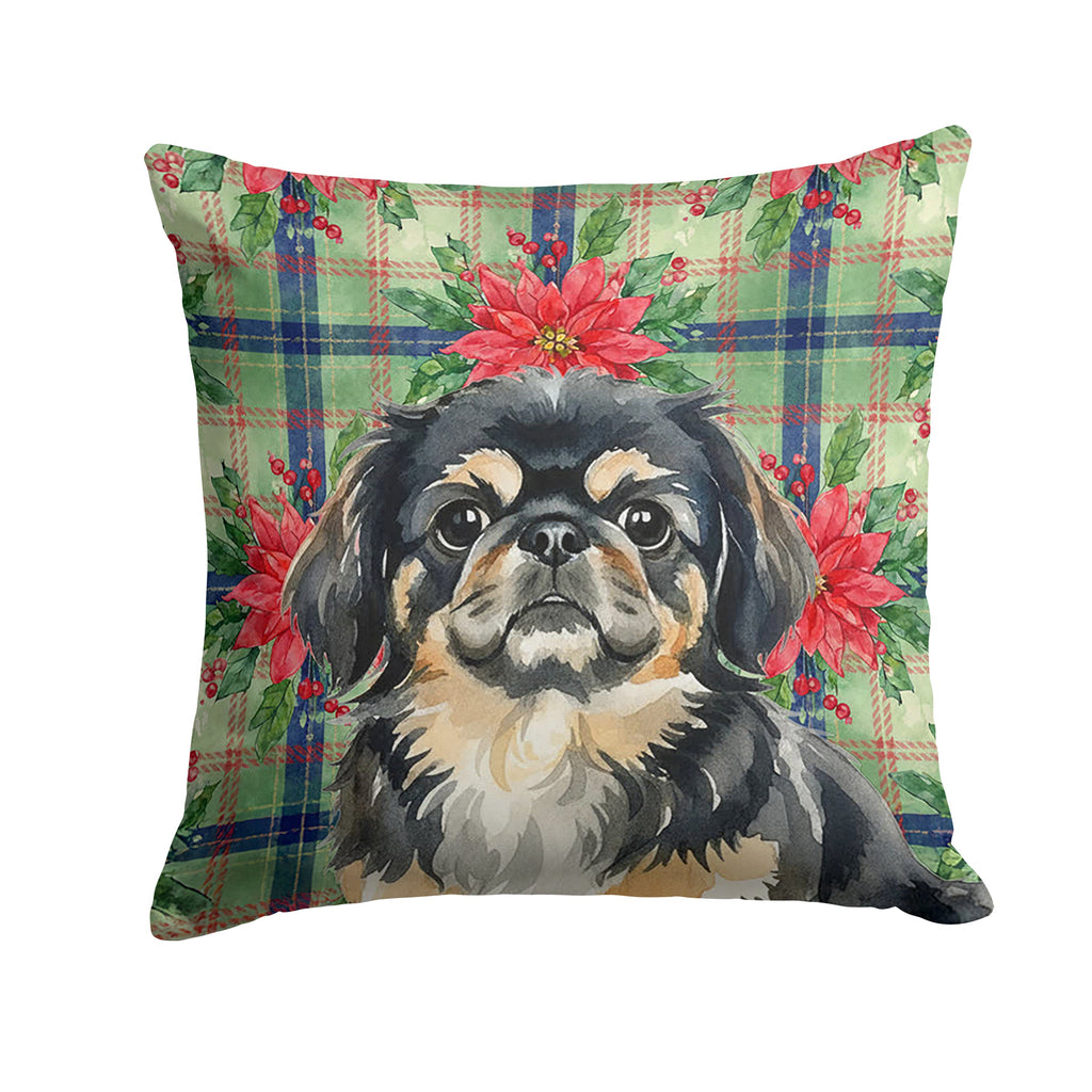 Black and Tan Pekingese Christmas PoinsettIas Decorative Throw Pillow 18x18 Indoor Outdoor Accent Cushion, Fabric Cover with Insert for Sofa, Bed, Porch & Living Room