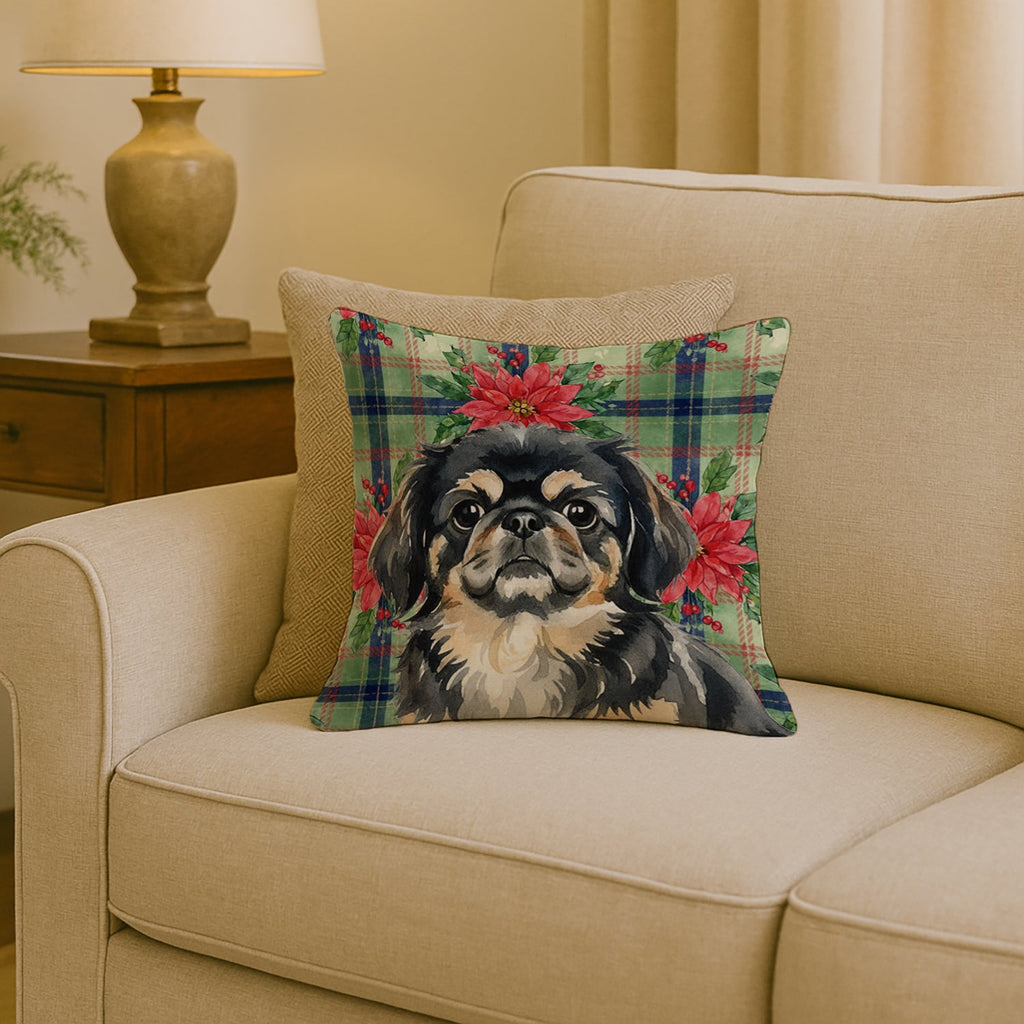 Black and Tan Pekingese Christmas PoinsettIas Decorative Throw Pillow 18x18 Indoor Outdoor Accent Cushion, Fabric Cover with Insert for Sofa, Bed, Porch & Living Room
