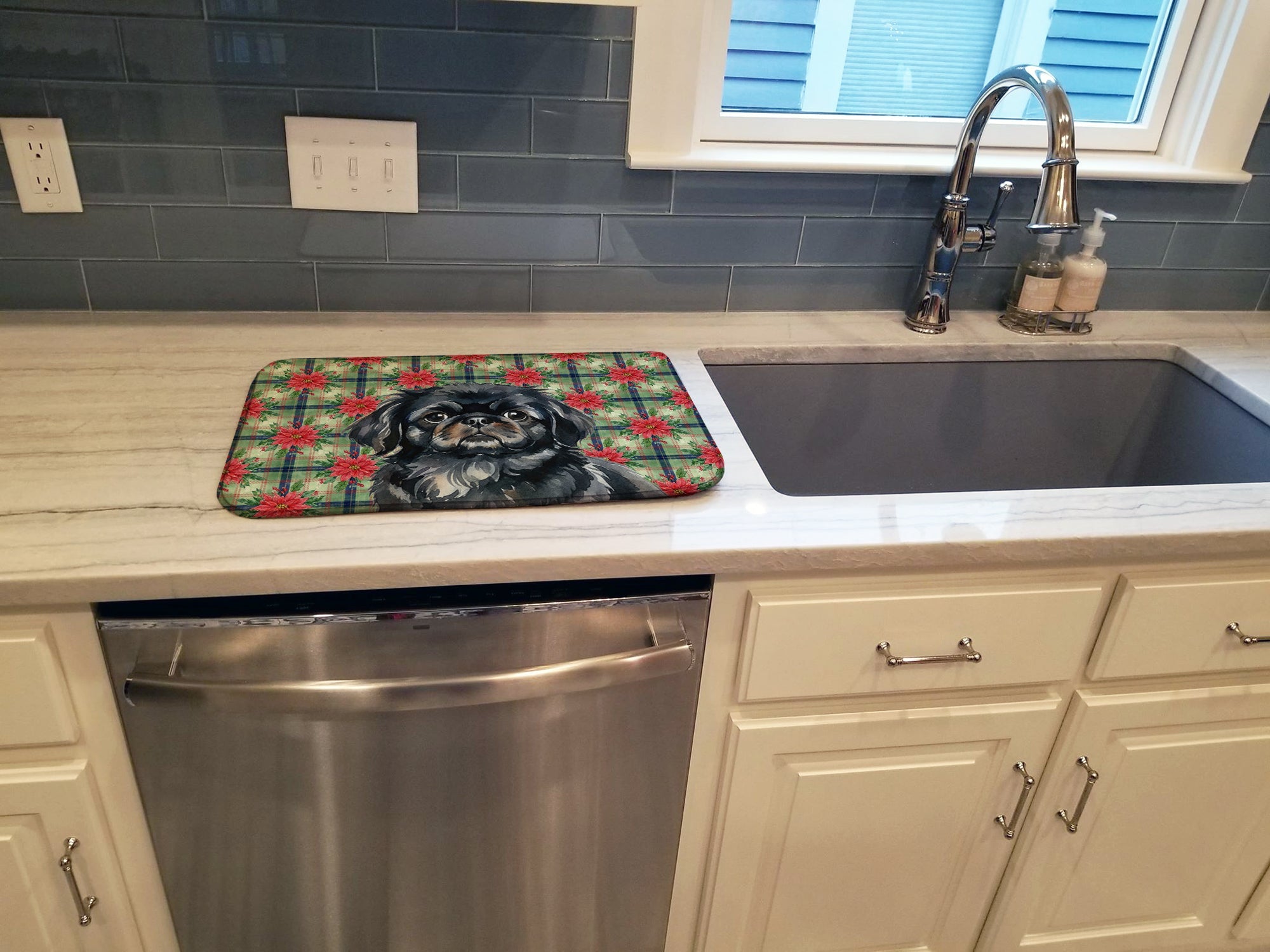 Black Pekingese Christmas PoinsettIas Dish Drying Mat Absorbent Dish Drying Mat Pad for Kitchen Counter Dish Drainer Mat for Countertop, 14 x 21", Multicolor