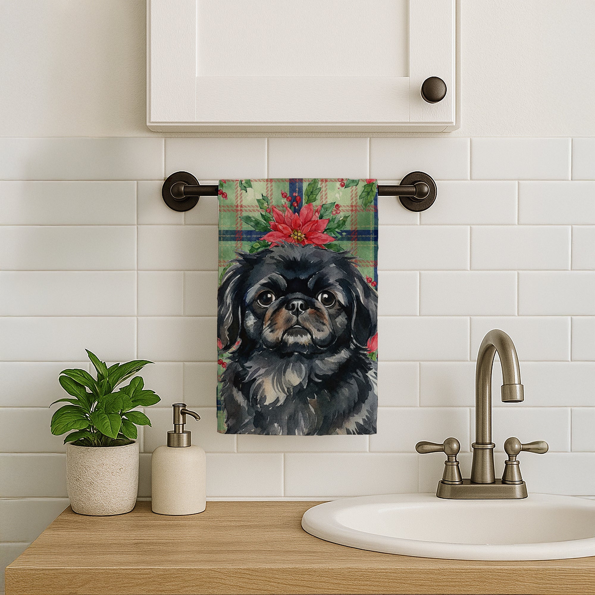 Black Pekingese Christmas PoinsettIas Kitchen Towel Velour Plush Front and Cotton Loop Back Machine Washable