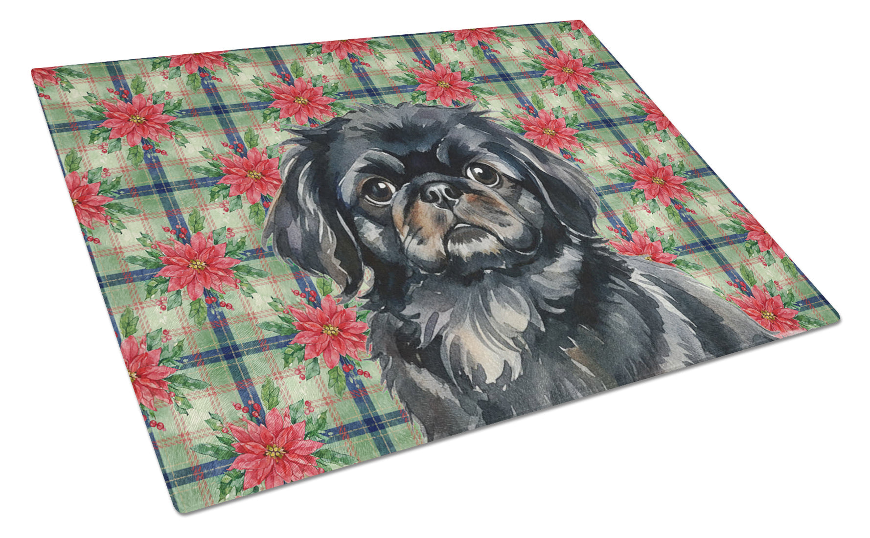 Black Pekingese Christmas PoinsettIas Cutting Board Tempered Glass Kitchen Cutting Surface, Heat Resistant Chopping, Non-Slip Feet, Food Prep & Serving