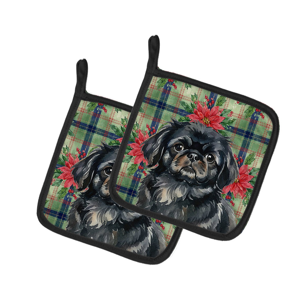 Black Pekingese Christmas PoinsettIas Pot Holder Set of 2 Heat Resistant Quilted Hot Pads 7.5 x 7.5 Inch, Insulated Kitchen Trivets for Cooking & Baking