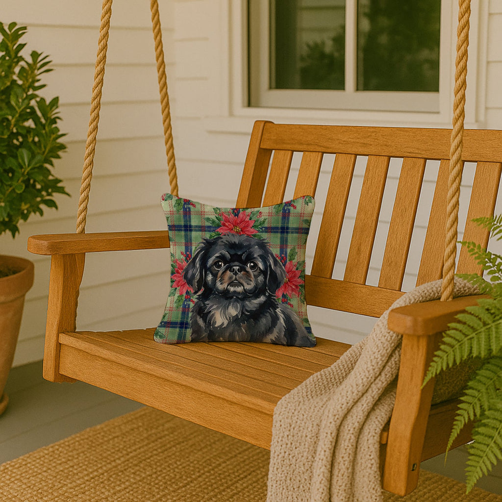 Black Pekingese Christmas PoinsettIas Decorative Throw Pillow 14x14 Indoor Outdoor Accent Cushion, Fabric Cover with Insert for Sofa, Bed, Porch & Living Room