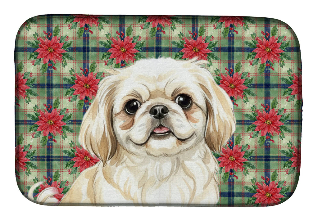 Cream Pekingese Christmas PoinsettIas Dish Drying Mat Absorbent Dish Drying Mat Pad for Kitchen Counter Dish Drainer Mat for Countertop, 14 x 21", Multicolor