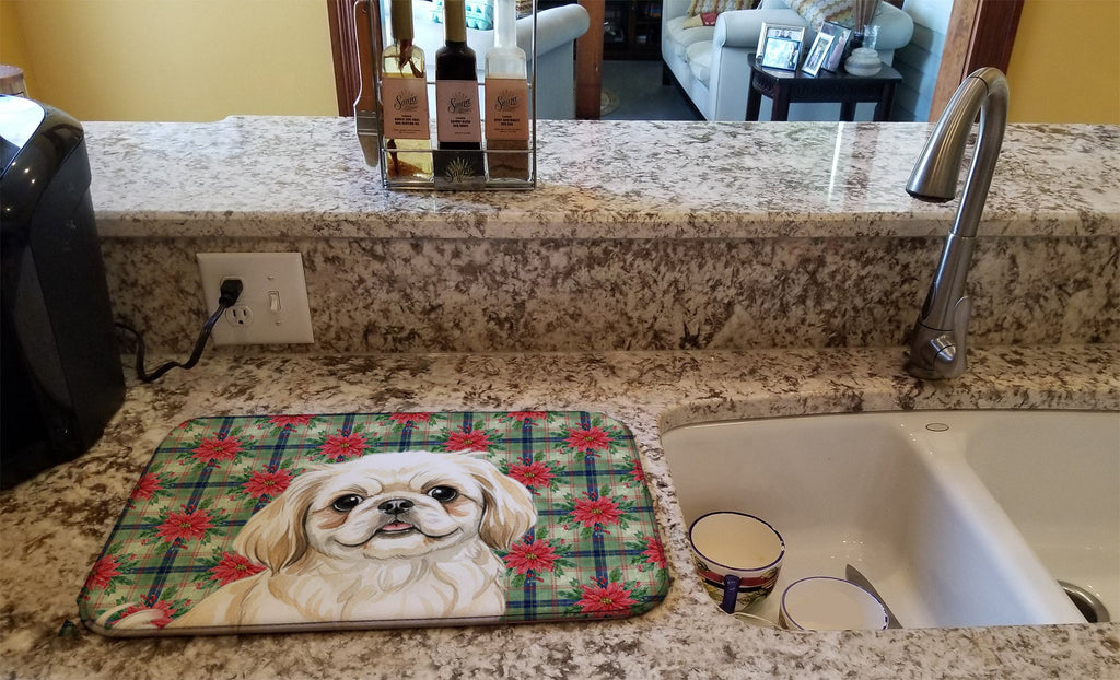 Cream Pekingese Christmas PoinsettIas Dish Drying Mat Absorbent Dish Drying Mat Pad for Kitchen Counter Dish Drainer Mat for Countertop, 14 x 21", Multicolor