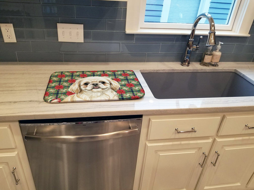 Cream Pekingese Christmas PoinsettIas Dish Drying Mat Absorbent Dish Drying Mat Pad for Kitchen Counter Dish Drainer Mat for Countertop, 14 x 21", Multicolor