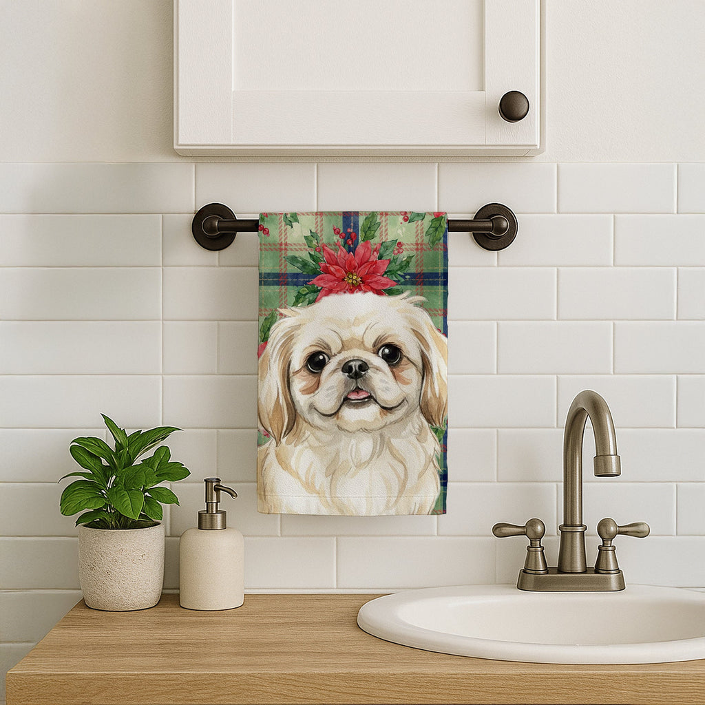 Cream Pekingese Christmas PoinsettIas Kitchen Towel Velour Plush Front and Cotton Loop Back Machine Washable