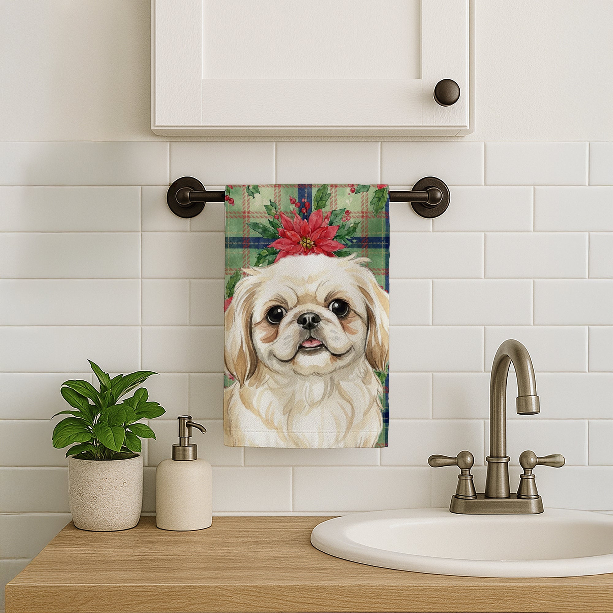 Cream Pekingese Christmas PoinsettIas Kitchen Towel Velour Plush Front and Cotton Loop Back Machine Washable