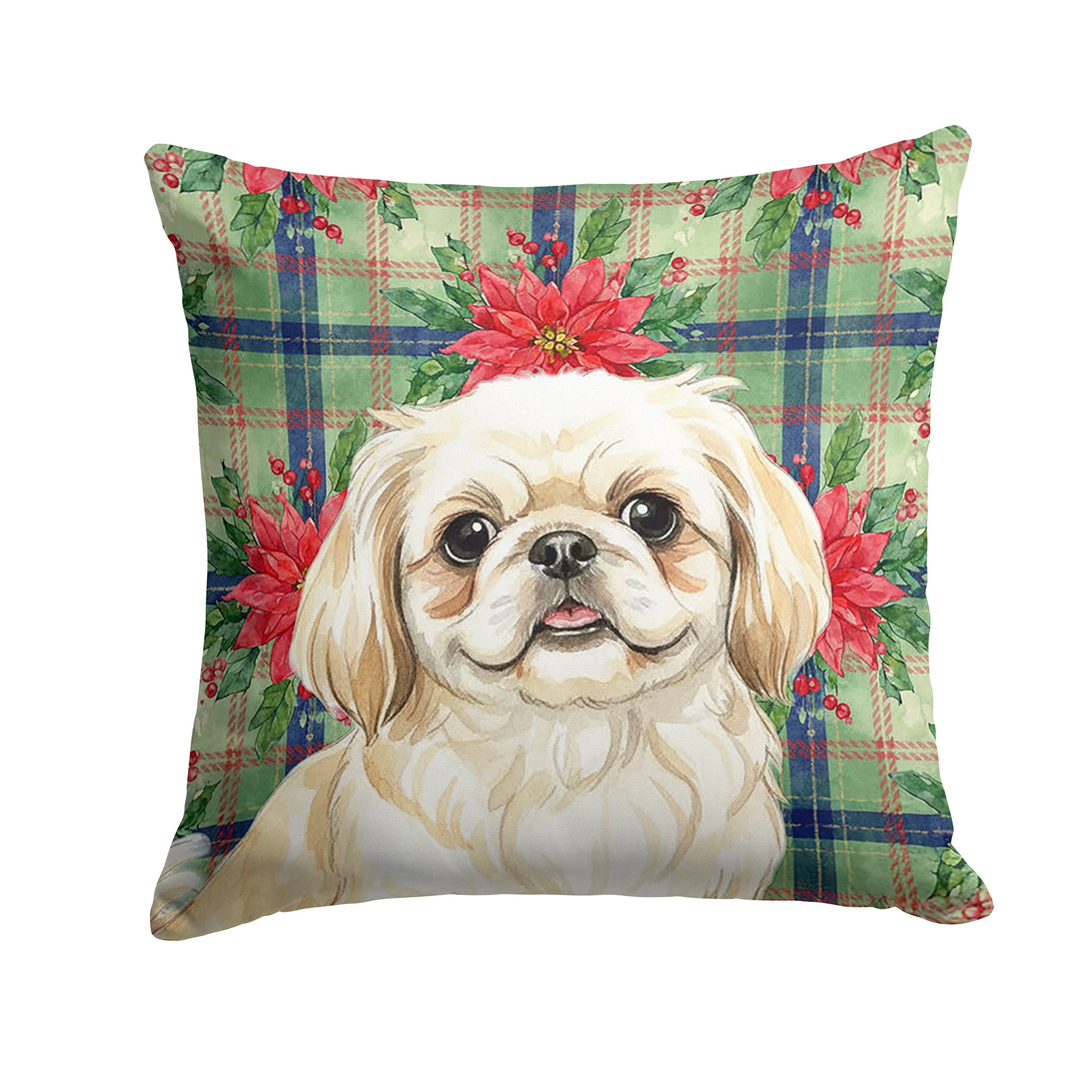 Cream Pekingese Christmas PoinsettIas Decorative Throw Pillow 18x18 Indoor Outdoor Accent Cushion, Fabric Cover with Insert for Sofa, Bed, Porch & Living Room