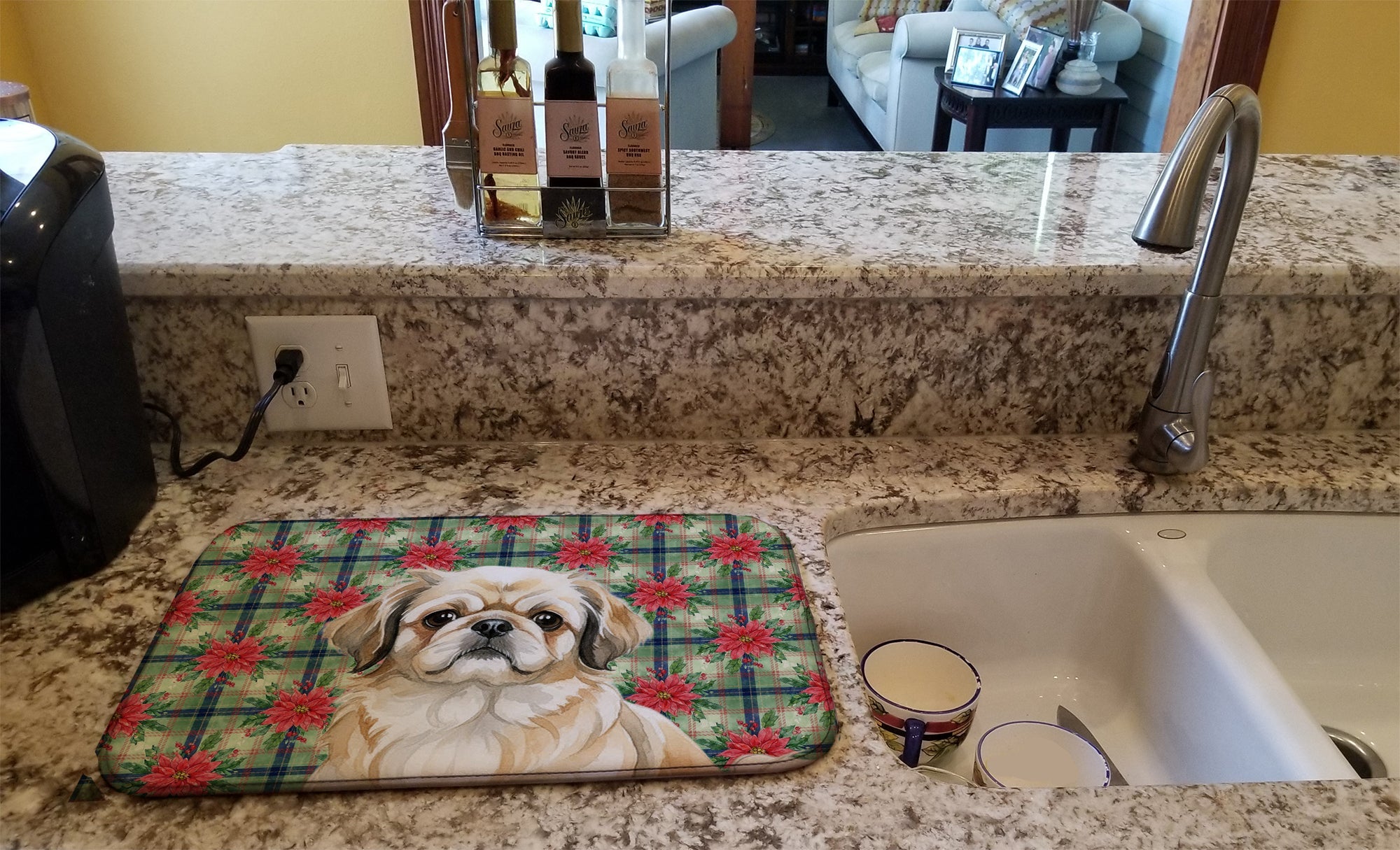 Fawn Pekingese Christmas PoinsettIas Dish Drying Mat Absorbent Dish Drying Mat Pad for Kitchen Counter Dish Drainer Mat for Countertop, 14 x 21", Multicolor