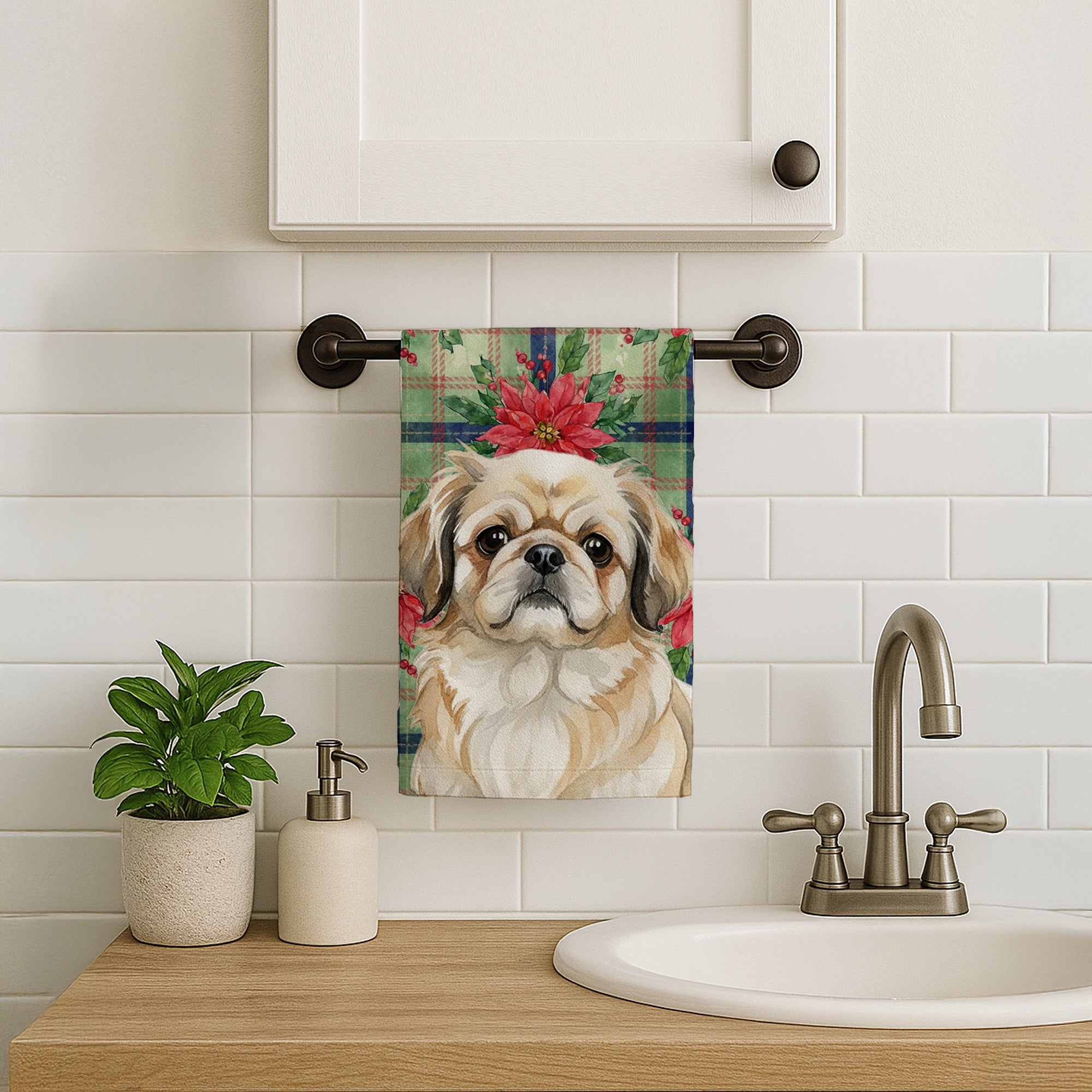 Fawn Pekingese Christmas PoinsettIas Kitchen Towel Velour Plush Front and Cotton Loop Back Machine Washable