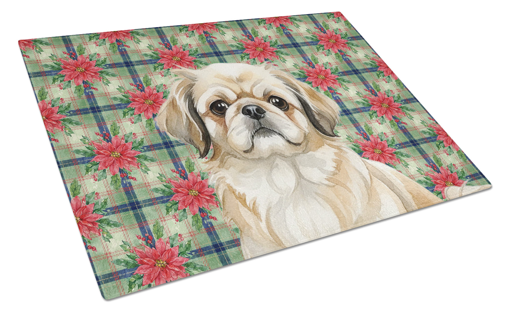 Fawn Pekingese Christmas PoinsettIas Cutting Board Tempered Glass Kitchen Cutting Surface, Heat Resistant Chopping, Non-Slip Feet, Food Prep & Serving