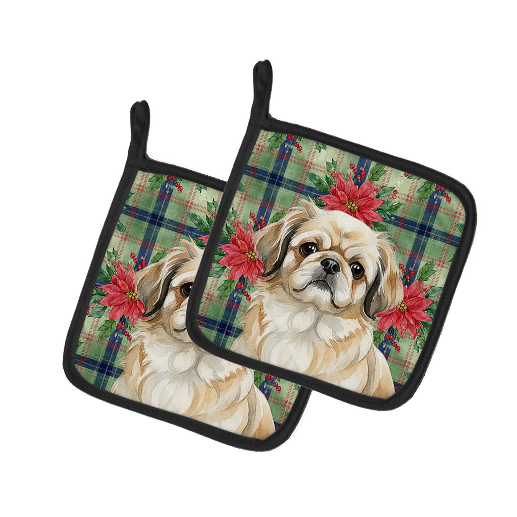 Fawn Pekingese Christmas PoinsettIas Pot Holder Set of 2 Heat Resistant Quilted Hot Pads 7.5 x 7.5 Inch, Insulated Kitchen Trivets for Cooking & Baking