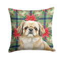 Fawn Pekingese Christmas PoinsettIas Decorative Throw Pillow 18x18 Indoor Outdoor Accent Cushion, Fabric Cover with Insert for Sofa, Bed, Porch & Living Room