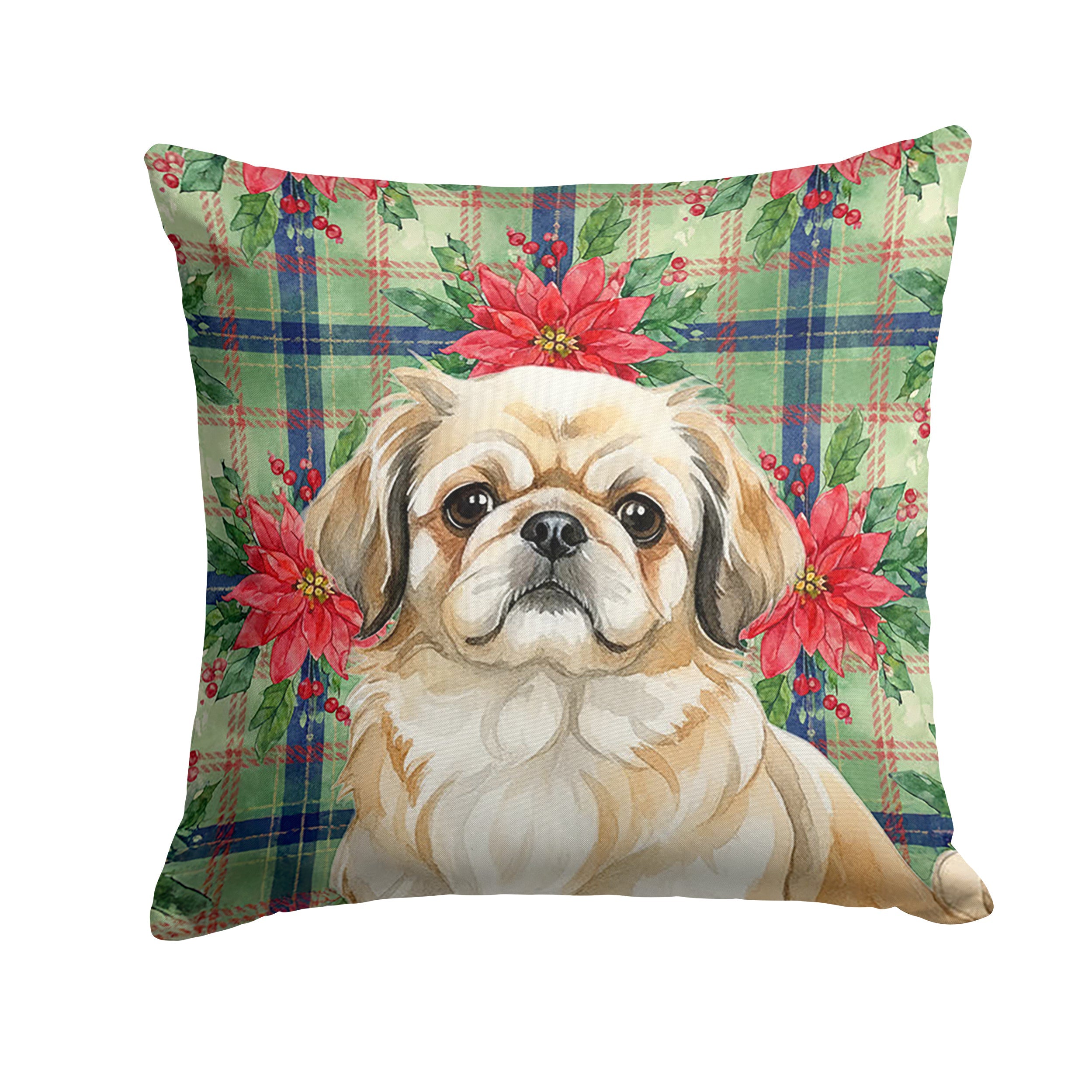 Fawn Pekingese Christmas PoinsettIas Decorative Throw Pillow 18x18 Indoor Outdoor Accent Cushion, Fabric Cover with Insert for Sofa, Bed, Porch & Living Room