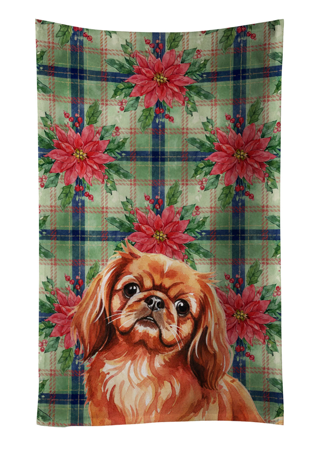 Red Pekingese Christmas PoinsettIas Kitchen Towel Velour Plush Front and Cotton Loop Back Machine Washable