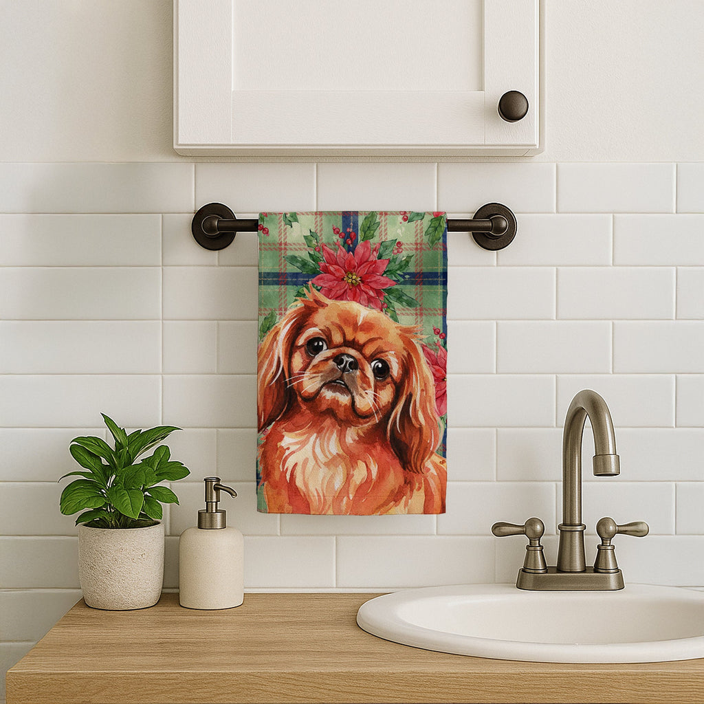 Red Pekingese Christmas PoinsettIas Kitchen Towel Velour Plush Front and Cotton Loop Back Machine Washable