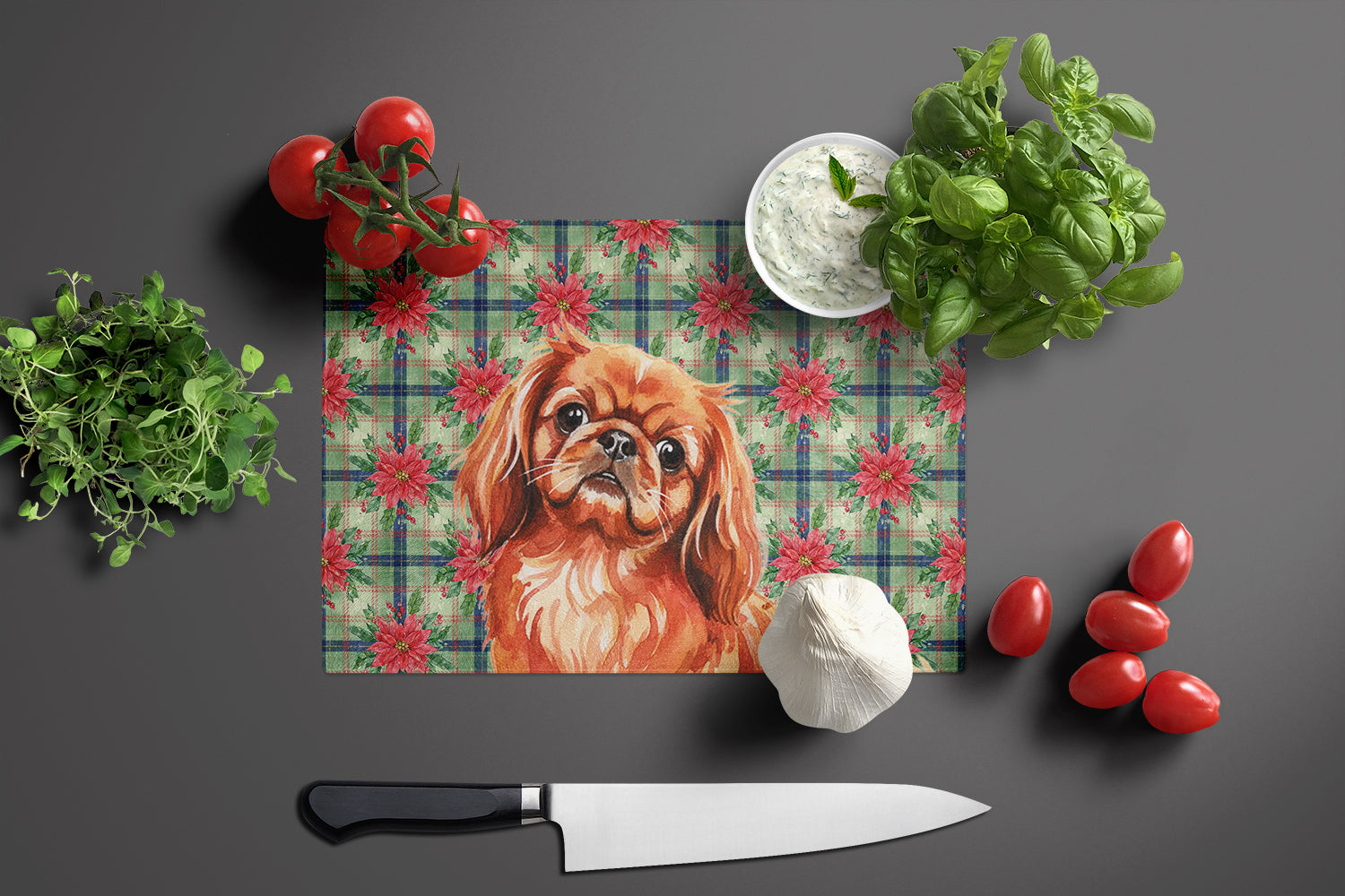 Red Pekingese Christmas PoinsettIas Cutting Board Tempered Glass Kitchen Cutting Surface, Heat Resistant Chopping, Non-Slip Feet, Food Prep & Serving