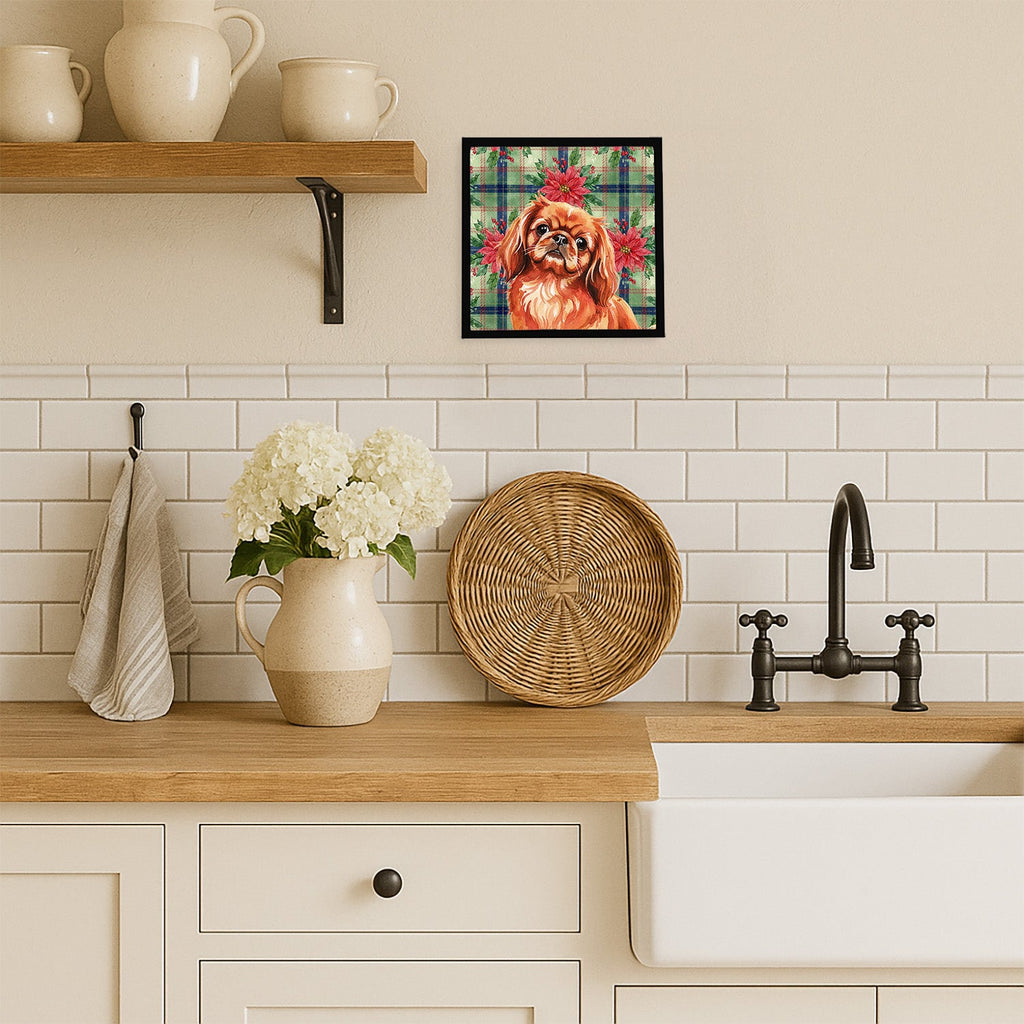 Red Pekingese Christmas PoinsettIas Framed Metal Print Bathroom, Kitchen, Office, Home Decor Wall Art Ready to Hang, Square, 8X8