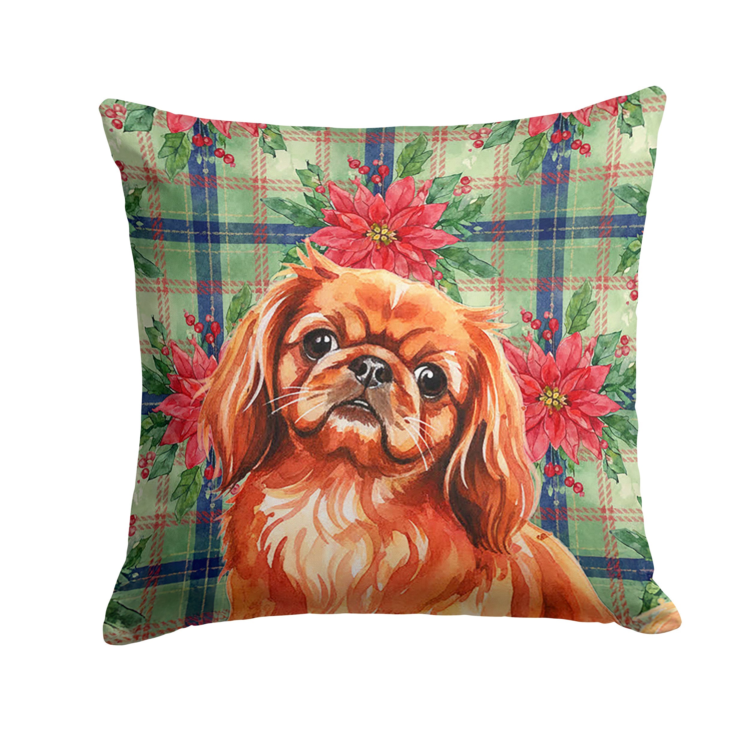 Red Pekingese Christmas PoinsettIas Decorative Throw Pillow 14x14 Indoor Outdoor Accent Cushion, Fabric Cover with Insert for Sofa, Bed, Porch & Living Room