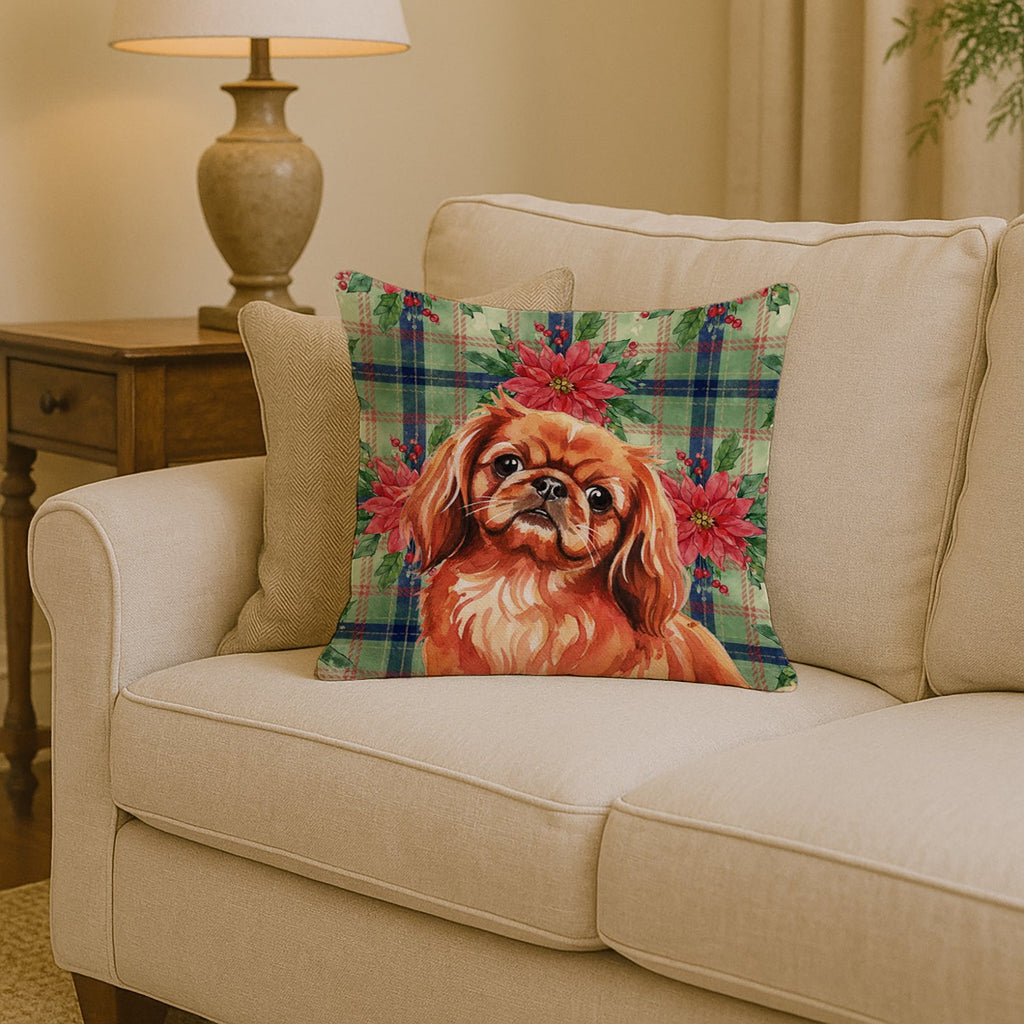 Red Pekingese Christmas PoinsettIas Decorative Throw Pillow 14x14 Indoor Outdoor Accent Cushion, Fabric Cover with Insert for Sofa, Bed, Porch & Living Room