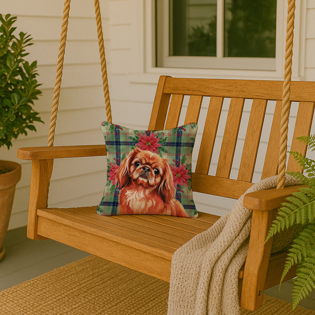 Red Pekingese Christmas PoinsettIas Decorative Throw Pillow 14x14 Indoor Outdoor Accent Cushion, Fabric Cover with Insert for Sofa, Bed, Porch & Living Room