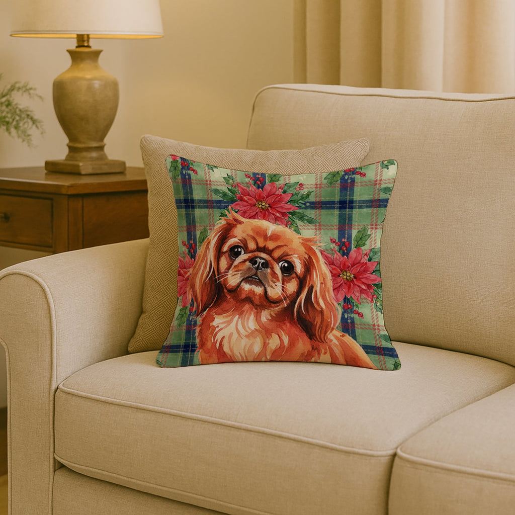 Red Pekingese Christmas PoinsettIas Decorative Throw Pillow 18x18 Indoor Outdoor Accent Cushion, Fabric Cover with Insert for Sofa, Bed, Porch & Living Room