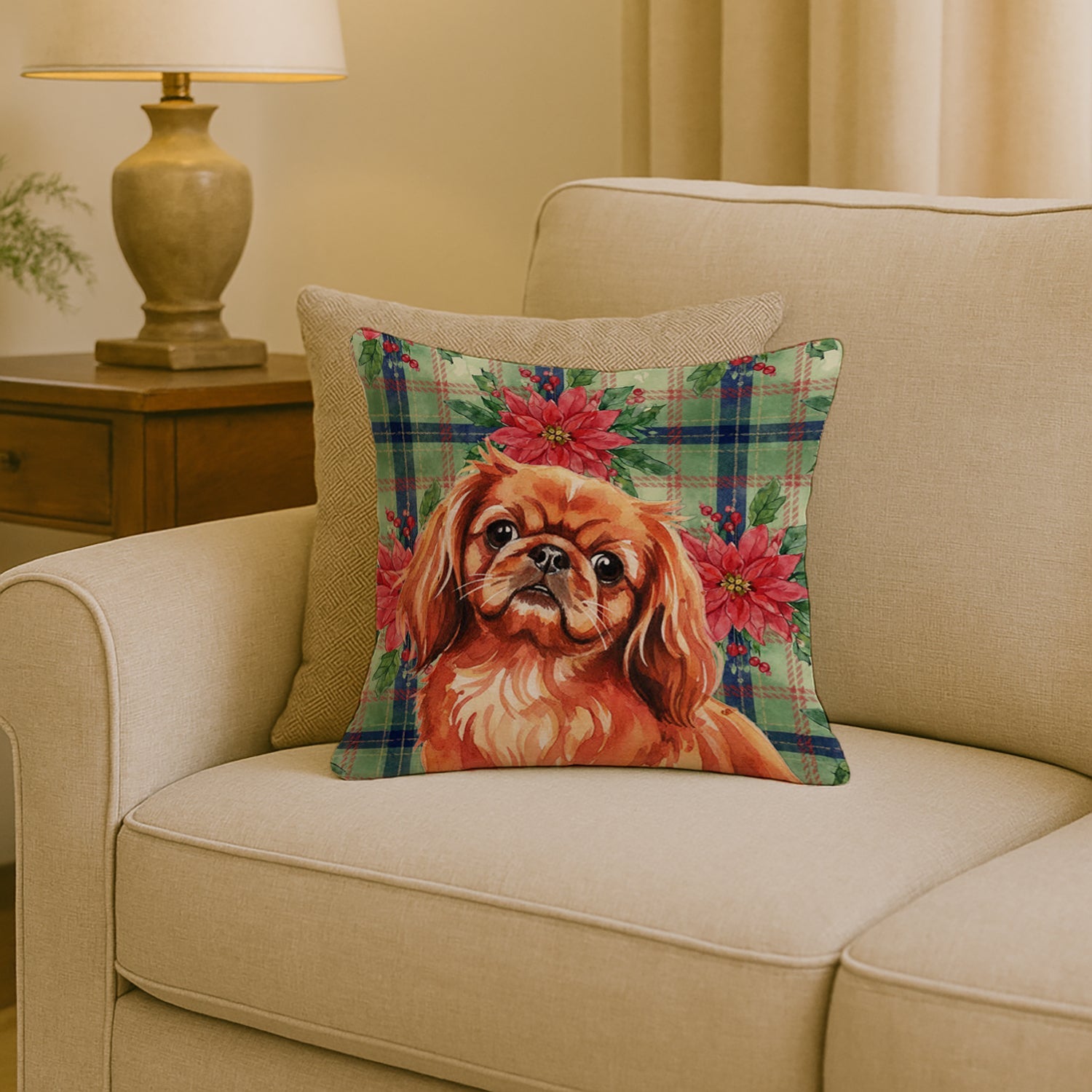 Red Pekingese Christmas PoinsettIas Decorative Throw Pillow 18x18 Indoor Outdoor Accent Cushion, Fabric Cover with Insert for Sofa, Bed, Porch & Living Room