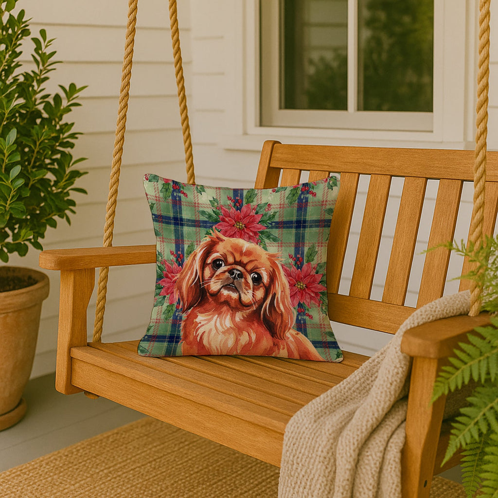 Red Pekingese Christmas PoinsettIas Decorative Throw Pillow 18x18 Indoor Outdoor Accent Cushion, Fabric Cover with Insert for Sofa, Bed, Porch & Living Room
