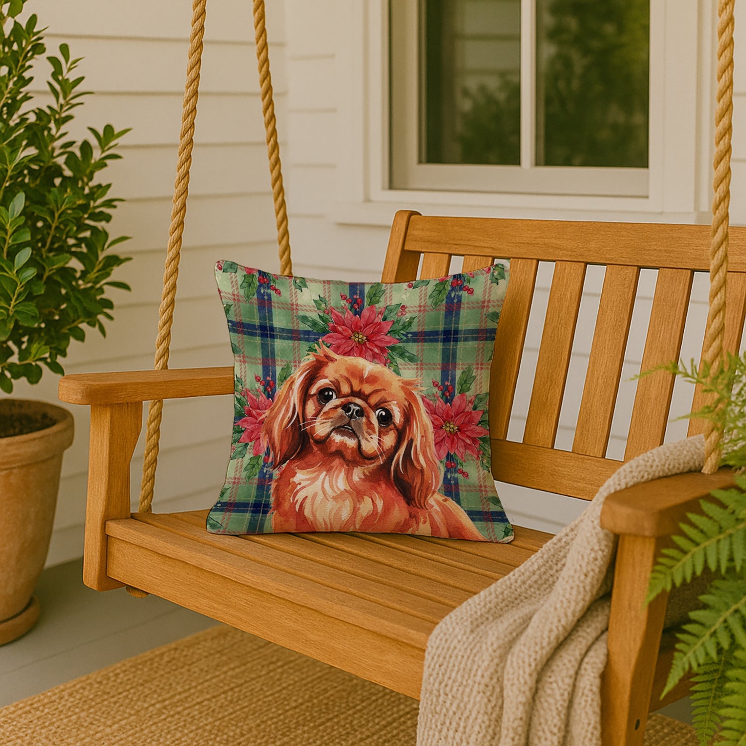 Red Pekingese Christmas PoinsettIas Decorative Throw Pillow 18x18 Indoor Outdoor Accent Cushion, Fabric Cover with Insert for Sofa, Bed, Porch & Living Room