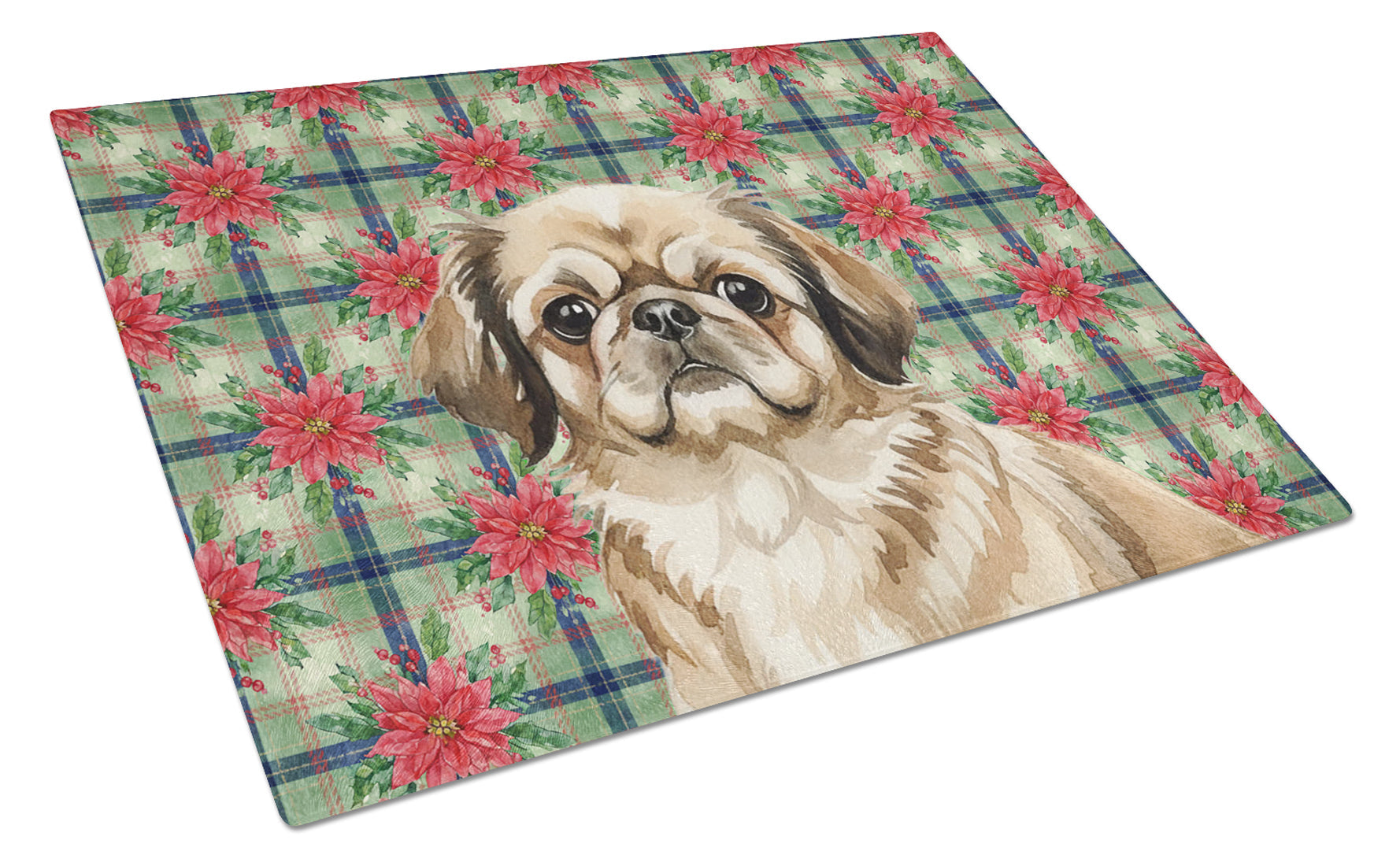 Sable Pekingese Christmas PoinsettIas Cutting Board Tempered Glass Kitchen Cutting Surface, Heat Resistant Chopping, Non-Slip Feet, Food Prep & Serving