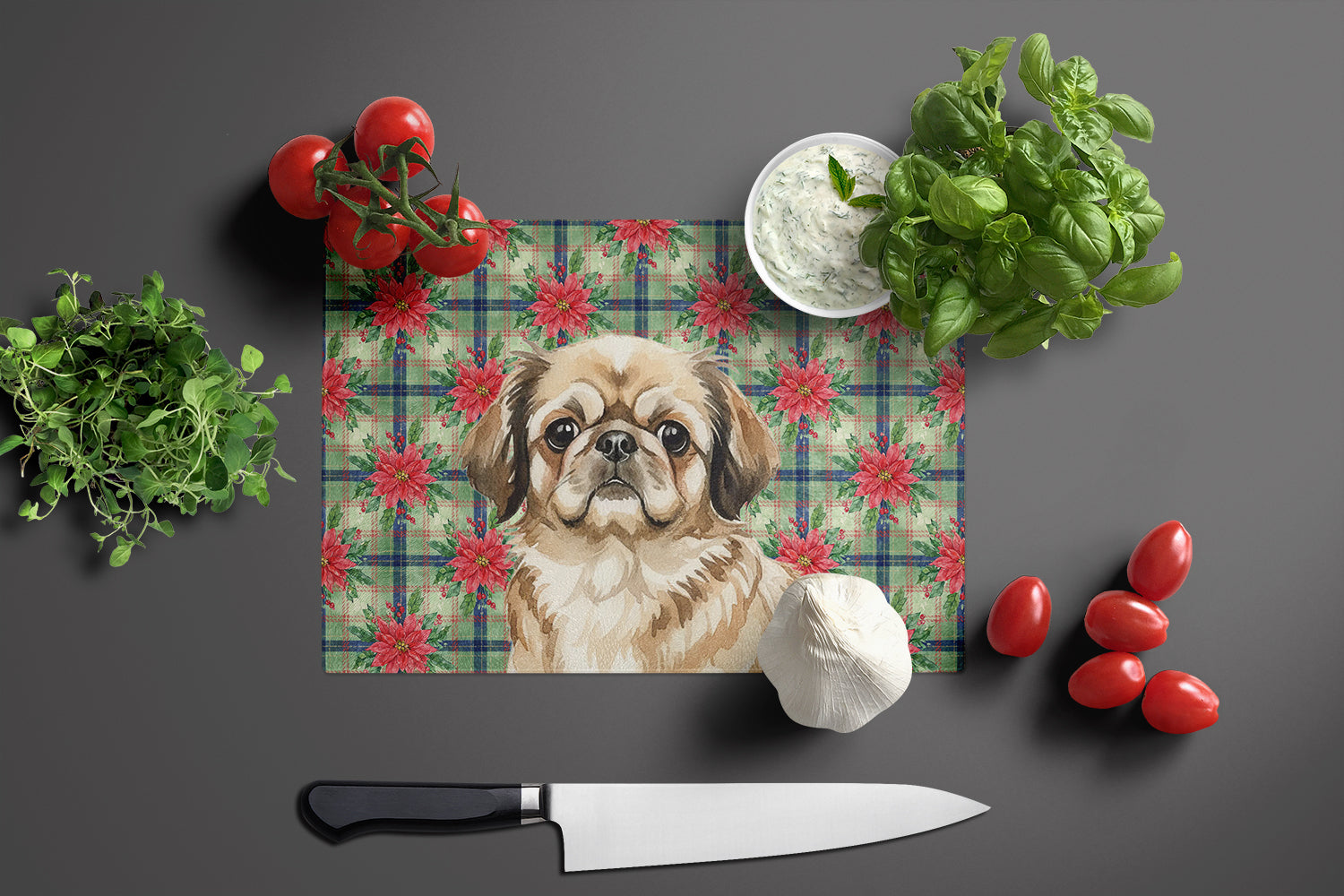 Sable Pekingese Christmas PoinsettIas Cutting Board Tempered Glass Kitchen Cutting Surface, Heat Resistant Chopping, Non-Slip Feet, Food Prep & Serving
